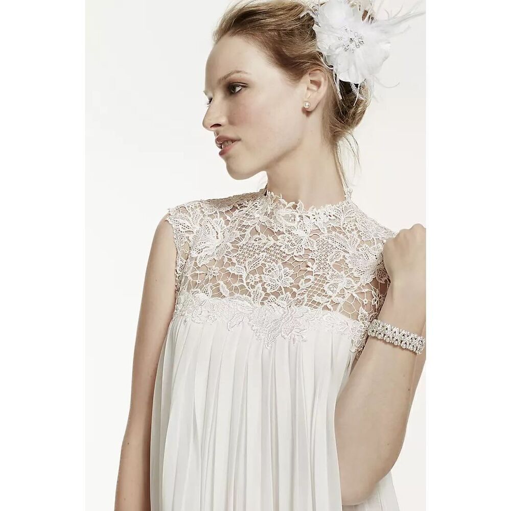 Galina Ivory High Neck Keyhole Back Lace Chiffon Pleated Mini Short Dress Sz 10